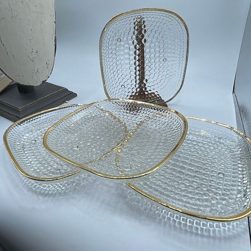 Set of 4 vintage Hazel Atlas hobnail 3 toed gold rimmed dishes.